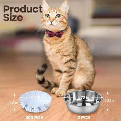Cat Bowl Set (300 Disposable Pet Bowl Liners with 2 Stainless Steel Bowls) - Image 2