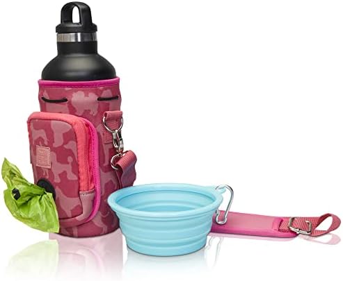 Made Easy Kit Water Bottle Carrier with Pocket for Dog Poop Waste Bags and Adjustable Padded Shoulder Strap (Large (32oz) with Bowl, Pink, Dog Silhouettes) by MadeEasyKit
