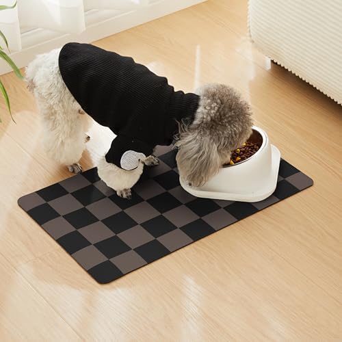 Checkered Dog Feeding Mat, Absorbent Mats for Dog Food and Water Bowl, Dispenser, Aesthetic Checkerboard Pet Placemat for Dogs, Cats, Puppy Accessories Brown Khaki Black - Image 2