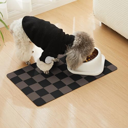 Checkered Dog Feeding Mat, Absorbent Mats for Dog Food and Water Bowl, Dispenser, Aesthetic Checkerboard Pet Placemat for Dogs, Cats, Puppy Accessories Brown Khaki Black - Image 2