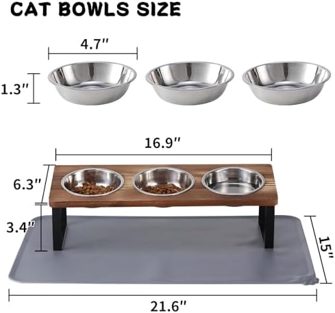 Summark Upgraded Elevated Cat Bowls with Food Mat,15°Tilted Stand Anti Vomiting Raised Cat Dishes for Food and Water,3 Stainless Steel Bowls for Cats and Puppy（Rustic Brown） - Image 5
