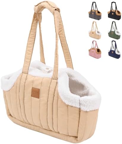 ETIAL Small Dog Carrier Purse, Winter Fleece Warm Dog Tote Bag Carrier with Secure Harness Clip for Puppy Kitten, Waterproof Pet Travel Handbag for Shopping, Hiking and Walking (Beige) by WhereSimplicityMeetsLuxuryforYourFurryFriends