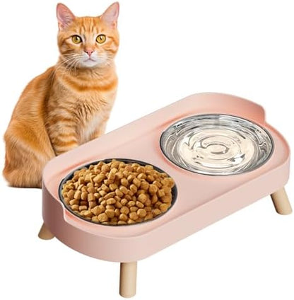 Elevated Cat Bowl, Raised Cat Food and Water Bowl Set for Indoor Cats, Splash Proof with 2 Stainless Steel Pet Food Bowls for Cats and Puppies, Whisker Fatigue and Dishwasher Safe - Pink by HIAIEVIY