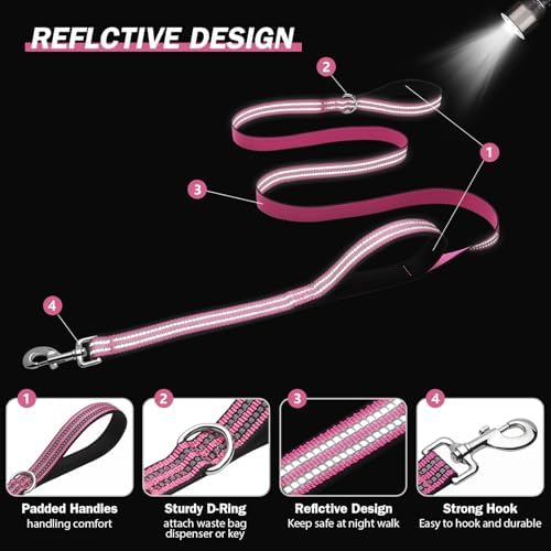 Hikiko 5FT Dog Leash with 2 Padded Handles Reflective,Pink - Image 5