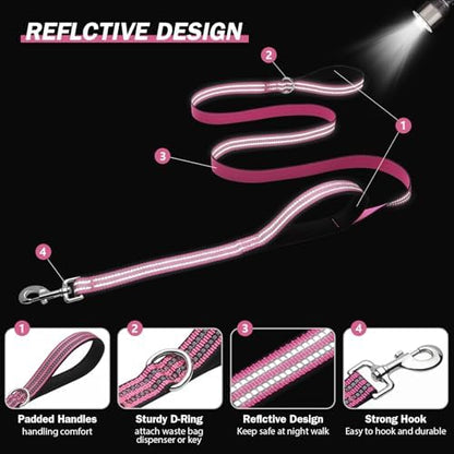 Hikiko 5FT Dog Leash with 2 Padded Handles Reflective,Pink - Image 5