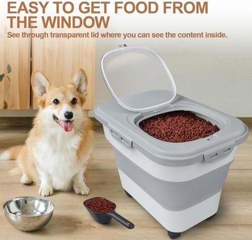 TIOVERY Dog Food Storage Container, 10-20lbs Collapsible Dog Cat Food Containers with Airtight Clear Flip-top，Rolling Wheel and Pet Food Scoop, Pet Food Storage Container Bin for Dog Cat Bird Pets - Image 4