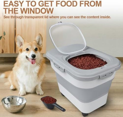 TIOVERY Dog Food Storage Container, 10-20lbs Collapsible Dog Cat Food Containers with Airtight Clear Flip-top，Rolling Wheel and Pet Food Scoop, Pet Food Storage Container Bin for Dog Cat Bird Pets - Image 4