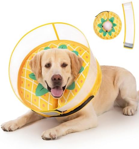 Inflatable Dog Cone Collar for Large Medium Small Dogs, Soft Dog Donut Collar Adjustable Recovery Cone for Pets After Surgery, Extra Enhanced Anti-Licking Guard Shield (Pineapple, Large) by Mariyago