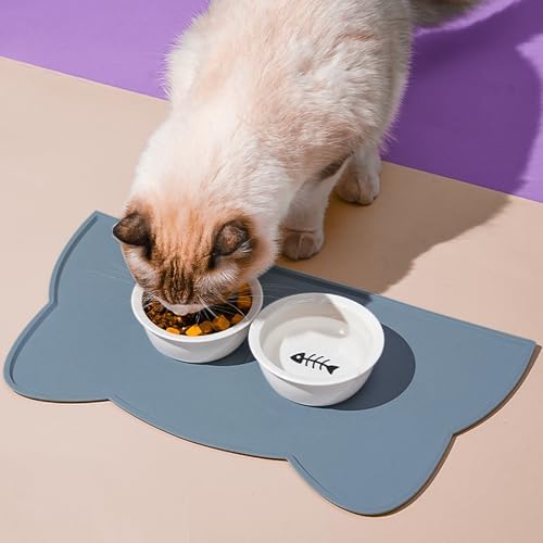 Cat Food Mat, Silicone Pet Feeding Mat for Floor Non-Slip Waterproof Dog Water Bowl Tray Cushion (17" x 10", Stone Blue) - Image 2