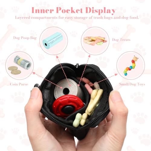 Dog Treat Pouch with Training Clicker,Waterproof Nylon Fabric Poop Bag Holders for Leashes,Hands Free Small Dog Walking Bag with Carabiner, Pet Puppy Training Walking Essentials (Black) - Image 3