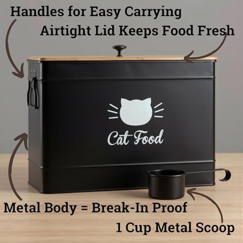 Metal Cat Food Container with Scoop, 15lb (50 Cup) w/ Airtight Bamboo Lid - Image 2