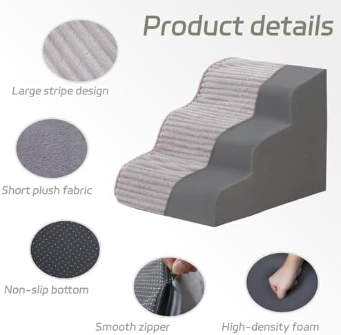 Laojin Balhen Dog Stairs for Small Dogs & Cats 15.7" H, High Density Foam Dog Steps Ramp for Couch Sofa and Chair, Pet Stairs with Non-Slip Bottom and Remove Washable Cover, 3-Step Pet Steps, Grey - Image 4