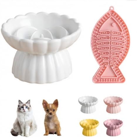 Ceramic Raised Slow Feeder Cat Bowl with Lick Mat, for Indoor Cats and Small Dogs Like Chihuahua, French Bulldog, Poodle,Anti Vomiting for Dry and Wet Food-White Bowl+Lick Mat by Unknown