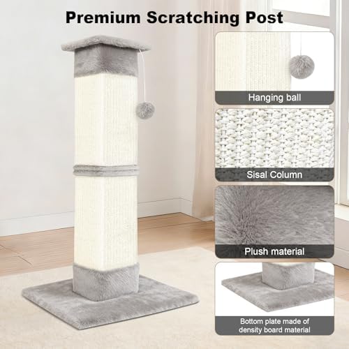 Cat Scratching Post 33 inch for Indoor Cats, Sisal Cat Scratcher, Vertical Posts with Dangling Ball, High Cat Scratch Post, Cat Tree for Full-Body Stretching, Protect Your Furniture, Light Grey - Image 3