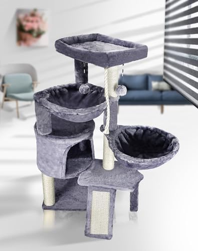 Three Layer Cat Tree with Cat Condo and Two Hammocks,Grey - Image 2
