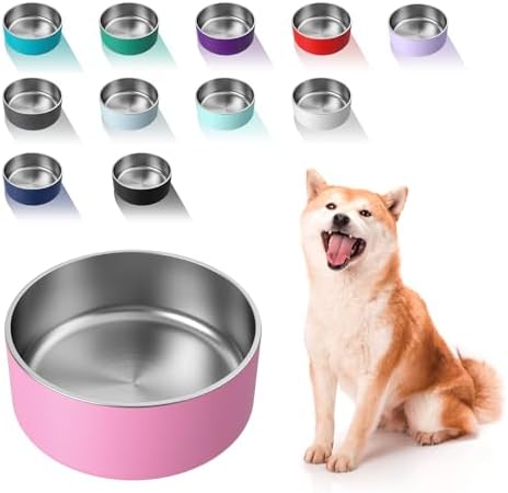 WENBOKMIN Dog Bowl, Stainless Steel Food and Water Bowl, 64oz, Pink | Non Slip Quiet Bottom, Easy to Clean, Dishwasher Safe by Wenbokmin