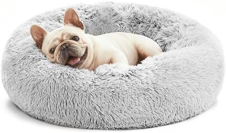 Love's cabin Calming Cat Bed for Indoor Cats, Anti-Anxiety Donut Round Dog Bed,Fluffy Faux Fur Washable Pet Bed for Small Medium Dogs and Cats, Grey, 24in by Lovescabin