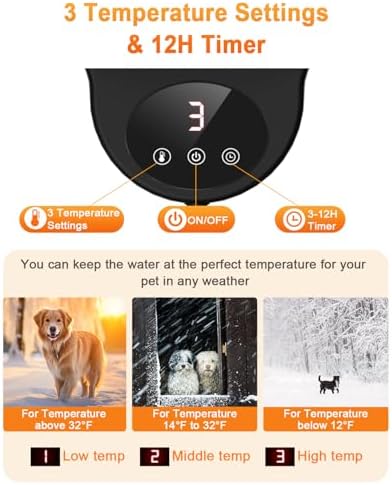 Heated Water Bowl for Dog & Cat, 3 Temperature Settings & 12H Timer, Outdoor Heated Pet Bowl with BPA-Free and 50oz Removable Stainless Steel Bowl, Anti-Chew Cord, for Chickens, Ducks, Birds - Image 3