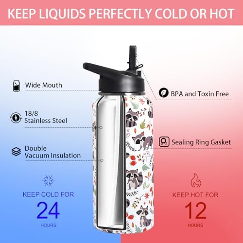 32oz Racoon Stainless Insulated Aater Water Bottle with Straw,Racoon Gym Hiking Sports Coffee Mug Cup Water Bottles,Racoon Gifts for Women,Racoon Decor Stuff Accessories - Image 4