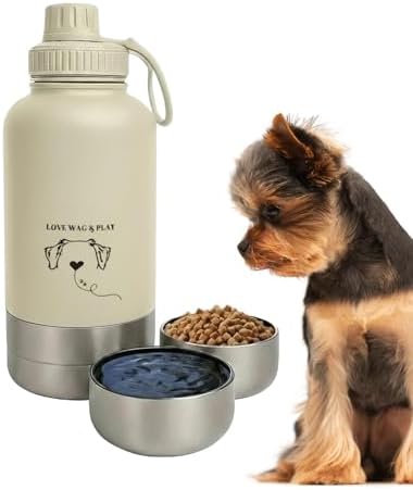 Love Wag & Play Dog Water Bottle with Food Bowls, Portable Stainless Steel Bottle for Dogs, Leakproof Travel Design with Detachable Bowls for Walks, Hikes and Outdoor Adventures (32 oz) by LoveWagPlay