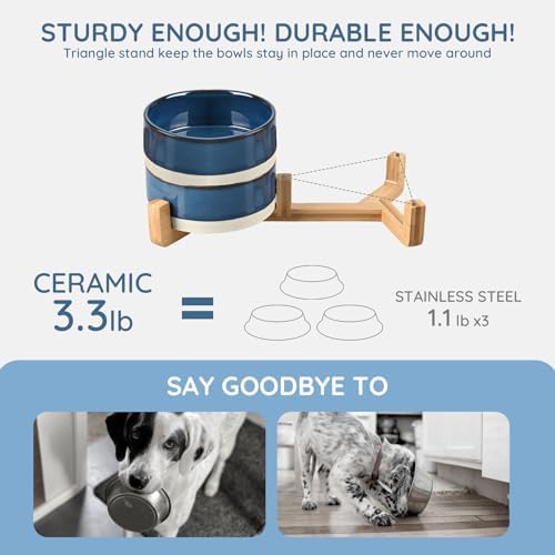 SPUNKYJUNKY Ceramic Dog and Cat Bowl Set with Wooden Stand, Modern Cute Weighted Food Water Bowl Set for Small Size Dogs (1.7 Cups, 2 × Pattern Blue) - Image 4