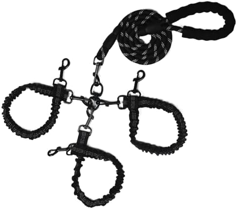 Dog Double Leashes,Rope Bungee Three Leash with Padded Handle Removable for 3 Dogs,Tangle-Free, Padded Handles, 360° Swivel Control (Black, 3 Way) by Y-ANNJYA