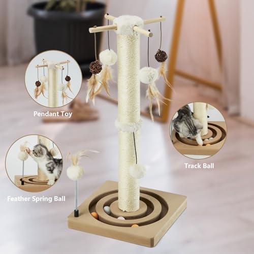 PEEKAB Cat Scratching Post Sisal Scratch Posts for Indoor Cats and Kittens,with Tracking Ball Interactive Toys and Hanging Balls 25 Inches Beige - Image 2