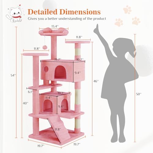 Sweetcrispy 54-Inch Cat Tree Tower – Multi-Level with Sisal Scratching Post, Perfect Pet Gift, Indoor Condo with Climbing Ladder, Plush Toy, and More Animal Stuff, Pink - Image 4