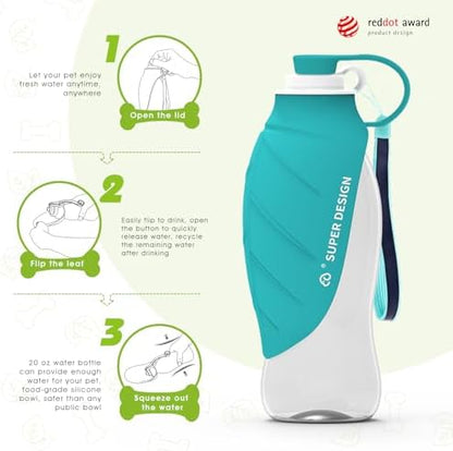 SUPERDESIGN Dog Water Bottle, Portable Dog Water Bottle for Small to Large Dogs, Leak Proof Dog Travel Water Bottle, Large Leaf Travel Water Bowl for Dogs and Dog Walking Accessories (19.6OZ, Blue) - Image 2