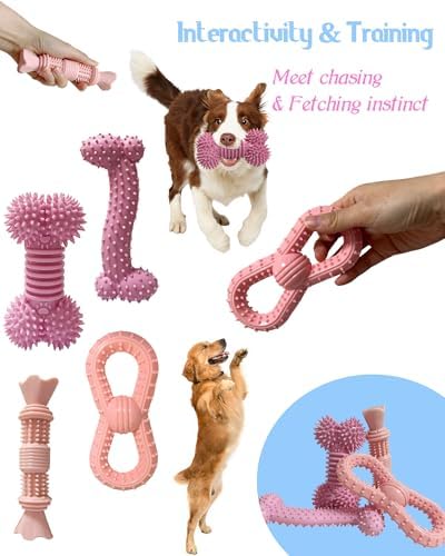 4 Pack Teething Toys Dog Durable Chew Toys Soft Rubber Toy Dog Teeth Cleaning Toothbrush Toy Cute Interactive Toys for Medium Large Breed(Medium,Pink) - Image 3