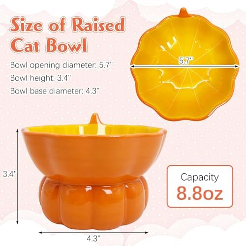 Hamiledyi Ceramic Raised Cat Bowl Tilted 15° Elevated Cat Bowl for Food or Water Anti Vomiting and Whisker Fatigue Cute Pumpkin Shaped Pet Feeder Bowl for Indoor Cats Kitten and Dogs (Orange Pumpkin) - Image 4