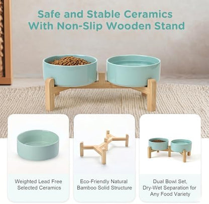 SPUNKYJUNKY Elevated Dog Bowls Ceramic, 5.1'' Dogs and Cat Food Water Bowls Raised with Non-Slip Bamboo Stand for Puppy Small Sized Breed Microwave Dishwasher Safe - 13.5 OZ,Light Green - Image 6