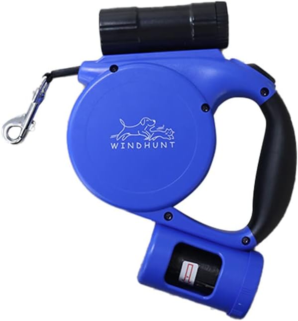 360° Tangle-Free Retractable Dog Leash with Flashlight, Dispenser and Poop Bag Heavy-Duty Nylon Tape for Small, Medium Dogs and Cats One-Handed Brake and Lock, Blue