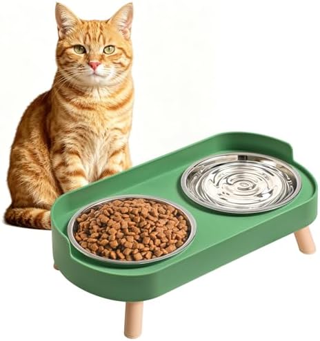 LoeJan Elevated Cat Bowls Set - Raised Cat Food and Water Bowl Set with Non Slip Stand - Pet Feeding Station with 2 Stainless Steel Bowls with Splash Proof Guard by LoeJan