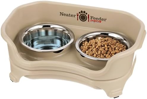 Neater Feeder Express Mess Proof Cat Bowls Elevated, No Spill Feeding Station, Stainless Steel Dishes for Food and Water, Raised Bowls for Indoor Cats, No Fatigue Whisker Friendly Dish, Almond by NeaterPets