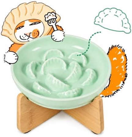 Elevated Slow Feeder Cat Bowl with Bamboo Stand, 6.3'' Ceramic Cat Food Bowl, Raised Whisker Friendly Cat Dish for Wet & Dry Food, Dishwasher Safe Anti-Slip Feeder for Cats & Small Dogs (Green) by Tafelf