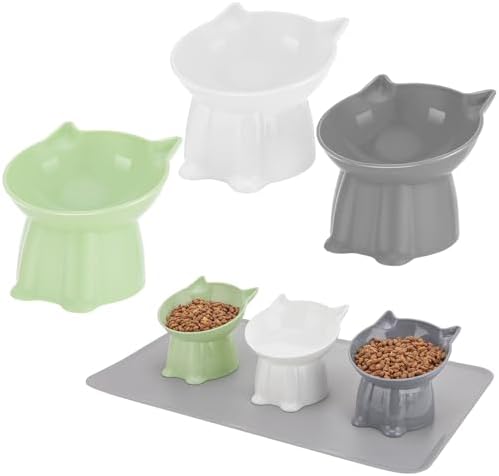 3 Pcs Elevated Cat Bowls 15°Raised Cat Food Bowl with Silicone Mat 3 Colors by Hoemwarm