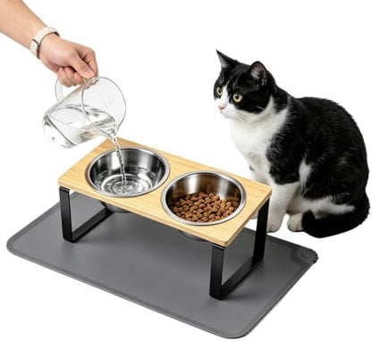 Elevated Tilted Cat Food Bowls with Mat, 304 Stainless Steel 2 Water Bowls1 by OneBug