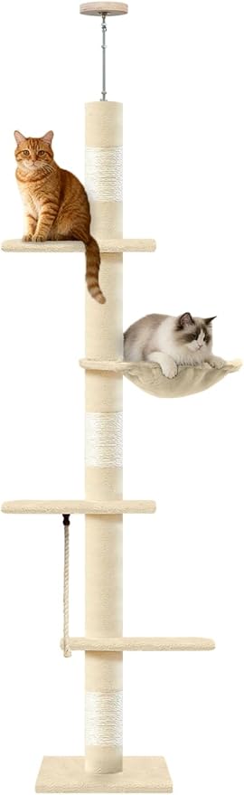 Cat Tree 5-Tier Floor to Ceiling Cat Tower with Cozy Hammock, 89-109 Inch Adjustable Height Sisal Scratching Post, Provides Vertical Enrichment for Jumping & Climbing, Beige