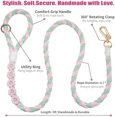 5FT Braided Cotton Rope Leash for Small, Medium and Large Dogs,Pink & Green Color - Image 6