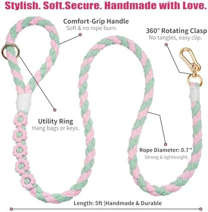 5FT Braided Cotton Rope Leash for Small, Medium and Large Dogs,Pink & Green Color - Image 6