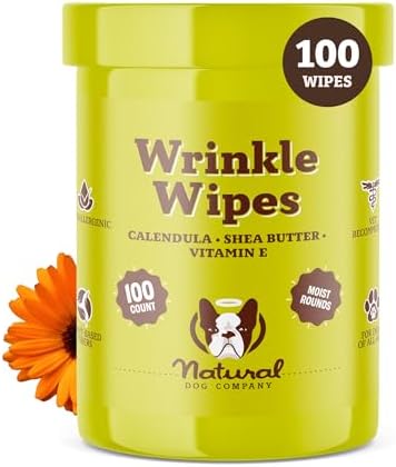 Natural Dog Company Wrinkle Wipes for Dogs, 100 Count, Hypoallergenic, Cleaning & Deodorizing, for Grooming Faces, Paws & Butts by NaturalDogCompany