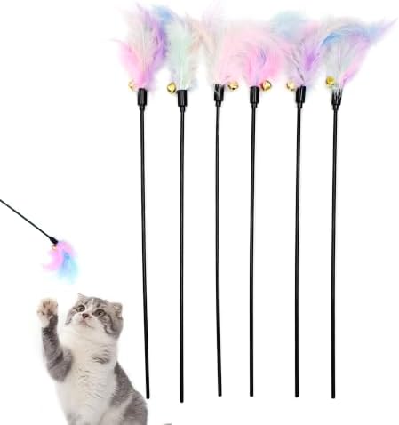Cat Wand Toys 6 PCS Colorful Feather Wand with Bell Interactive Cat Toys by IUHKBH