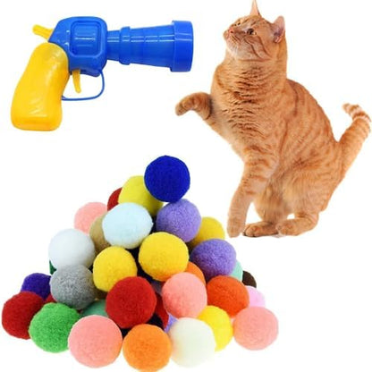 30 Pcs Soft Pom Pom Balls for Kittens with Cat Ball Launcher Toy, Interactive Plush Toy for Kitten Training and Play - Pet Products for Cats (3.0 CM with Bloster) by Shizhoo