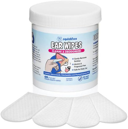 Squishface Dog Ear Relief Individual Finger Sheath Wipes – Non-Allergenic Ingredients & Irritation-Reducing Formula Cleans & Deodorizes, Helps Prevent Ear Itch & Odor – for All Breeds! (60 Count)