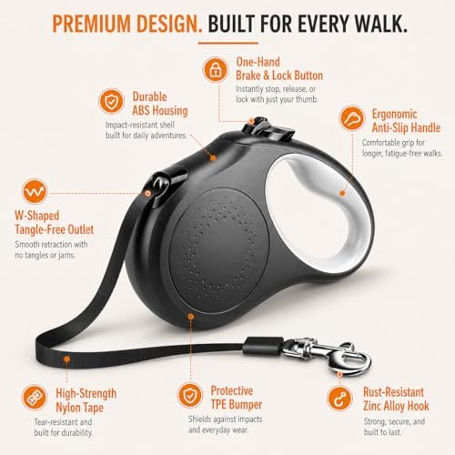Retractable Dog Leash, 16 FT Strong Nylon Tape for Small and Medium Dogs up to 55 lbs, 360° Tangle-Free Design, One-Hand Brake & Lock with 3 Control Modes, Ergonomic Non-Slip Handle - Image 6