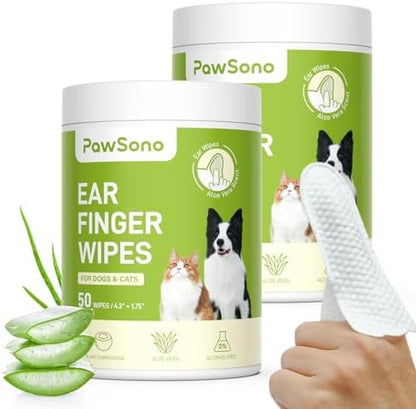 PawSono Dog Ear Wipes - 100 Count Dog Ear Cleaner Finger Wipes for Dogs & Cats, Pre-Moistened Ear Cleaning Wipes for Puppies, Kittens & Small Animals, Thick Pet Ear Wipes to Remove Wax, Dirt & Debris by PawSono