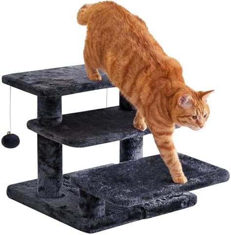 15''H Multi-Step Pet Stairs for High Beds & Sofas, 3-Step Cat Stairs with 2 Toy Balls, Wide Boards for Indoor Kittens Dogs Pets Climbing, Smoky Grey by Furcato