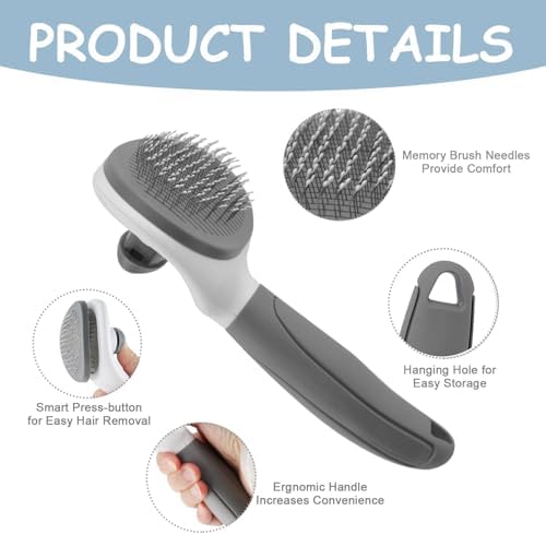 Cat Brushes for Indoor Cats, Dog Brush for Shedding with Metal Cat Comb, Self Cleaning Pet Hair Brush with Release Button for Grooming Kitten(Dark Grey) - Image 3