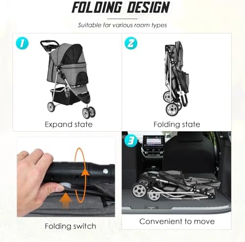 FDW 3 Wheels Pet Stroller Folding Dog Cat Jogger Stroller with Storage Basket &Cup Holder Portable Lightweight Travel Carrier, Grey - Image 3